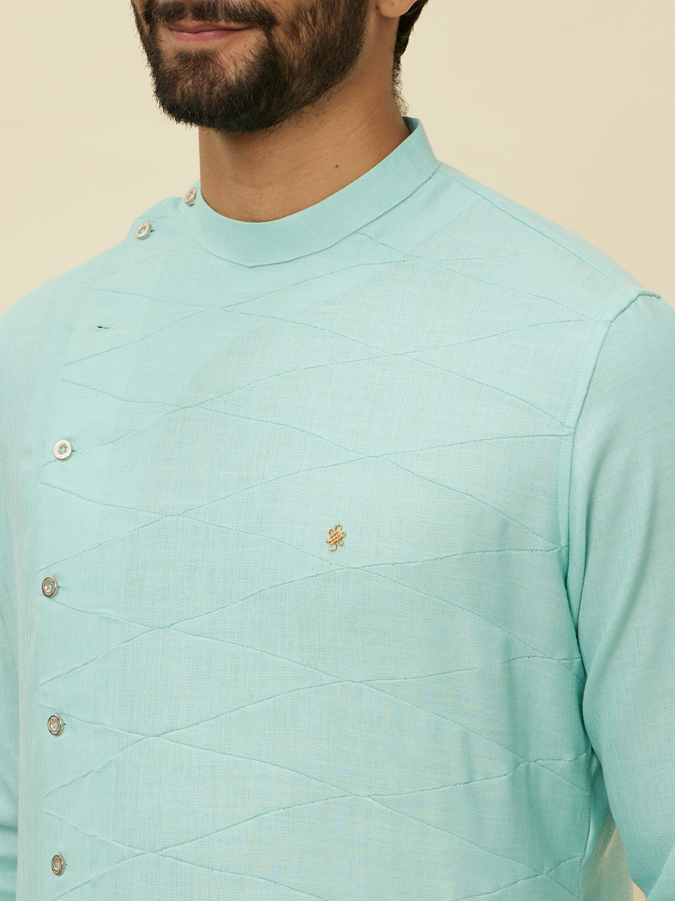 Manyavar Men Pastel Turquoise Green Angrakha Style Kurta