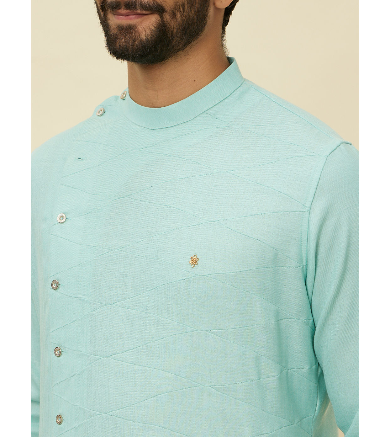 alt message - Manyavar Men Pastel Turquoise Green Angrakha Style Kurta image number 1