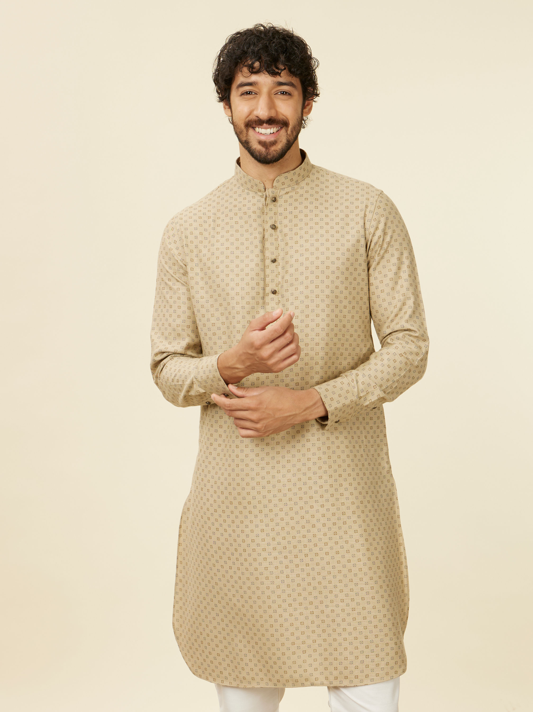 Manyavar Men Beige Buta Patterned Kurta