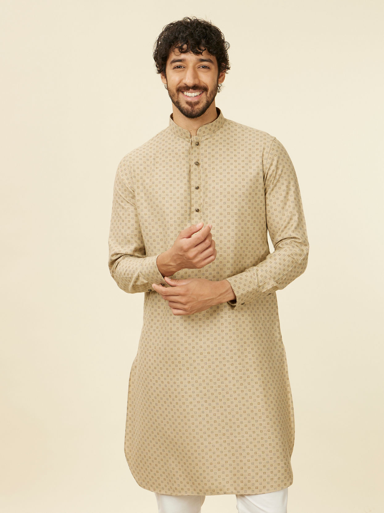 Manyavar Men Beige Buta Patterned Kurta