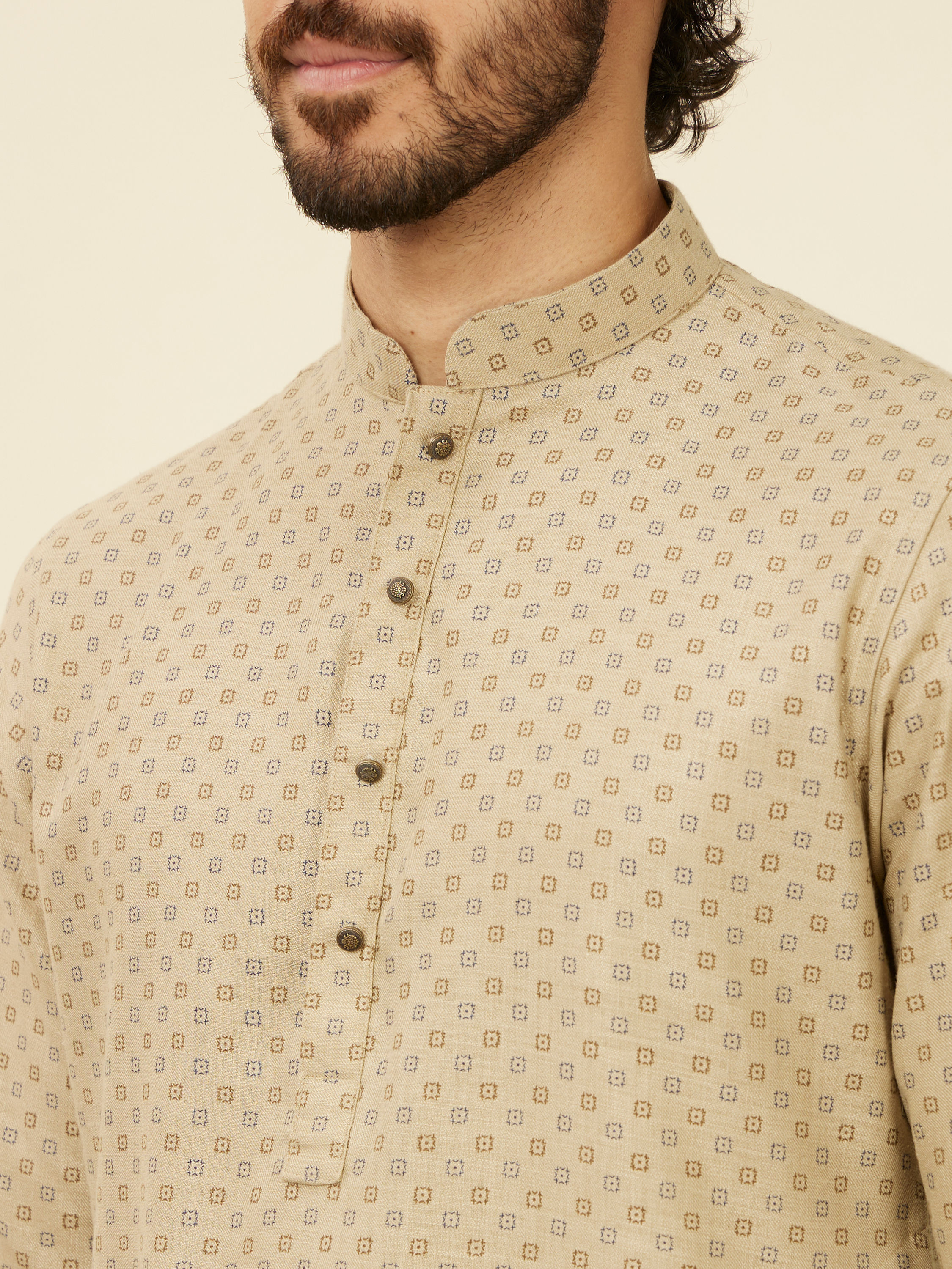 Manyavar Men Beige Buta Patterned Kurta