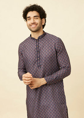 Manyavar Men Deep Blue Floral String Printed Kurta