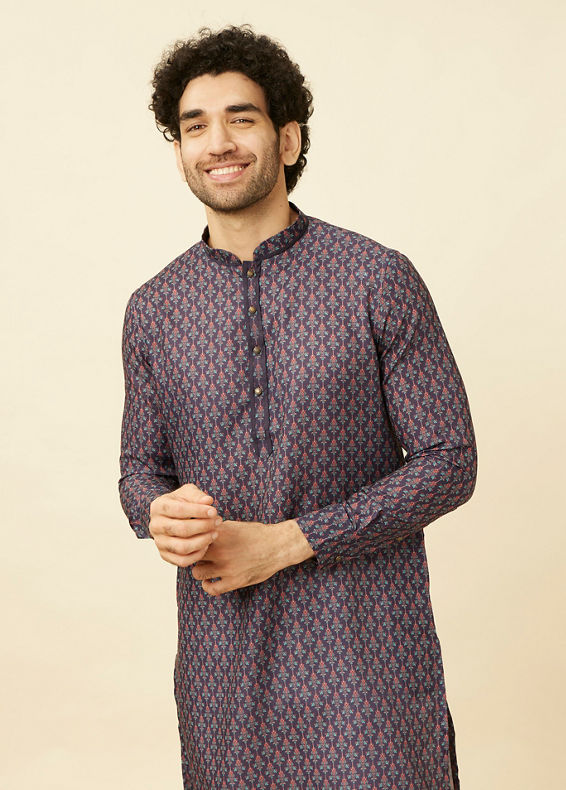 Manyavar Men Deep Blue Floral String Printed Kurta