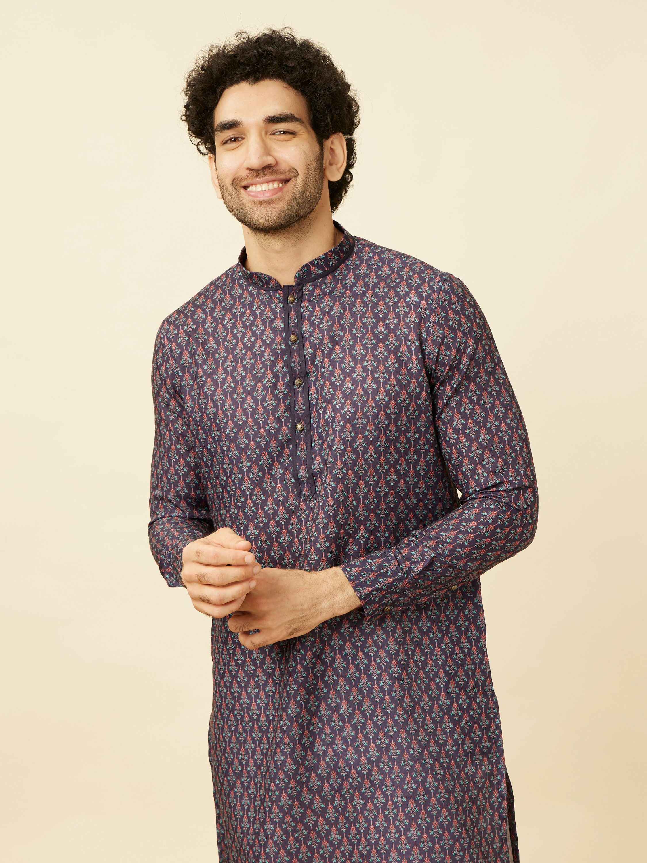 Manyavar Men Deep Blue Floral String Printed Kurta