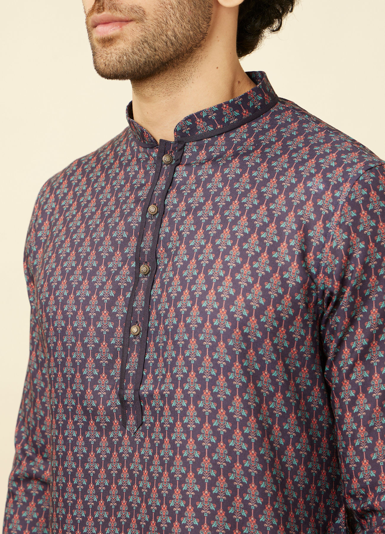 Manyavar Men Deep Blue Floral String Printed Kurta