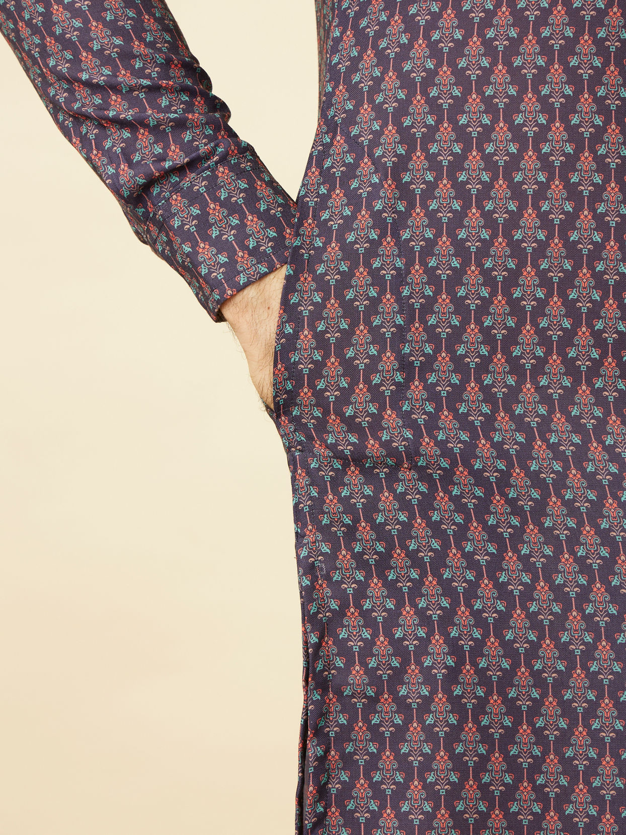 Deep Blue Floral String Printed Kurta image number 3