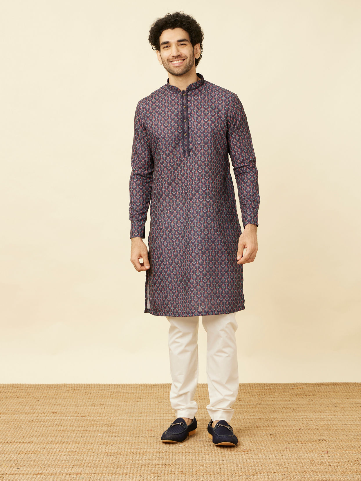 Deep Blue Floral String Printed Kurta image number 2