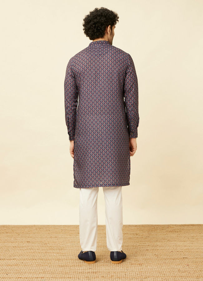 Deep Blue Floral String Printed Kurta image number 4