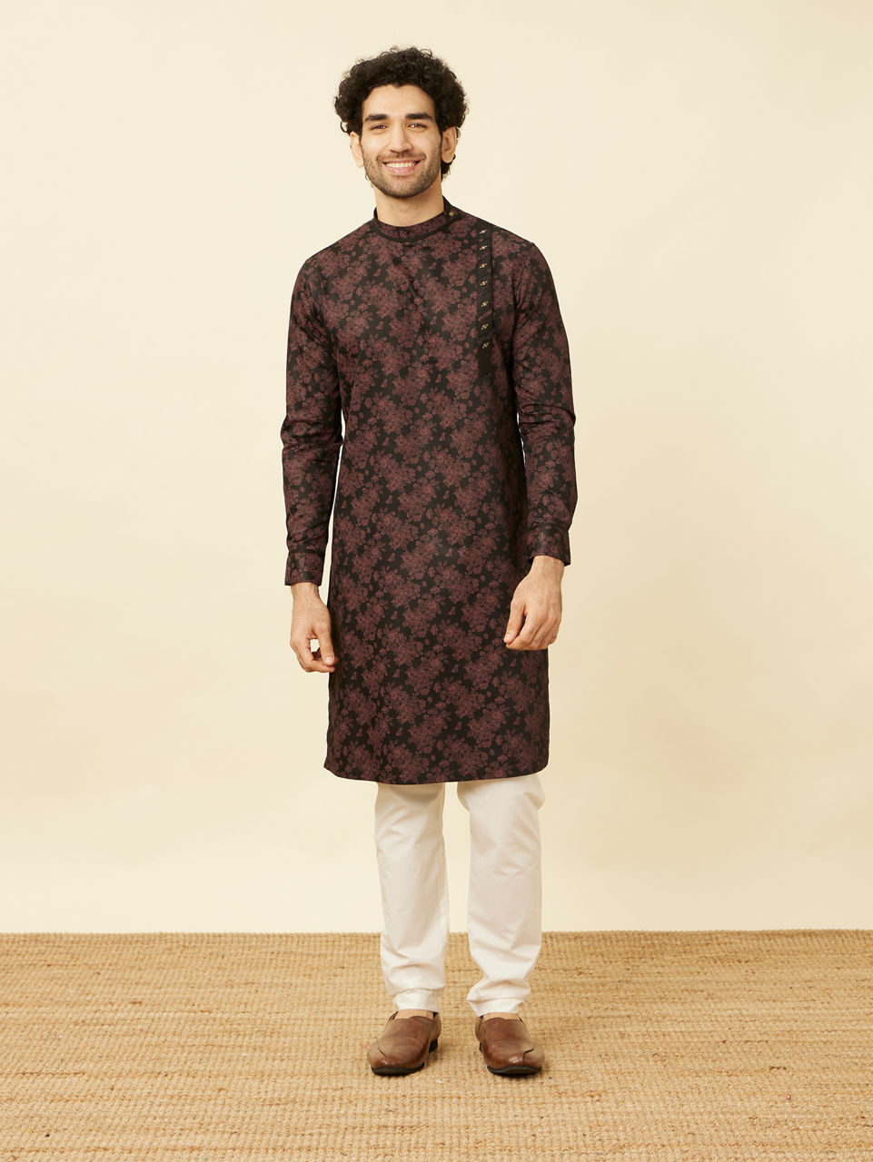 Manyavar Men Midnight Black Floral Patterned Angrakha Style Kurta