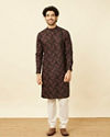 Manyavar Men Midnight Black Floral Patterned Angrakha Style Kurta