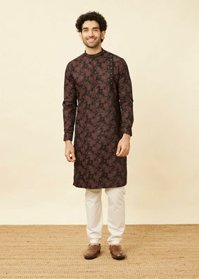 alt message - Manyavar Men Midnight Black Floral Patterned Angrakha Style Kurta image number 2