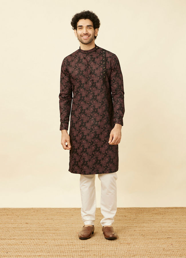 Manyavar Men Midnight Black Floral Patterned Angrakha Style Kurta