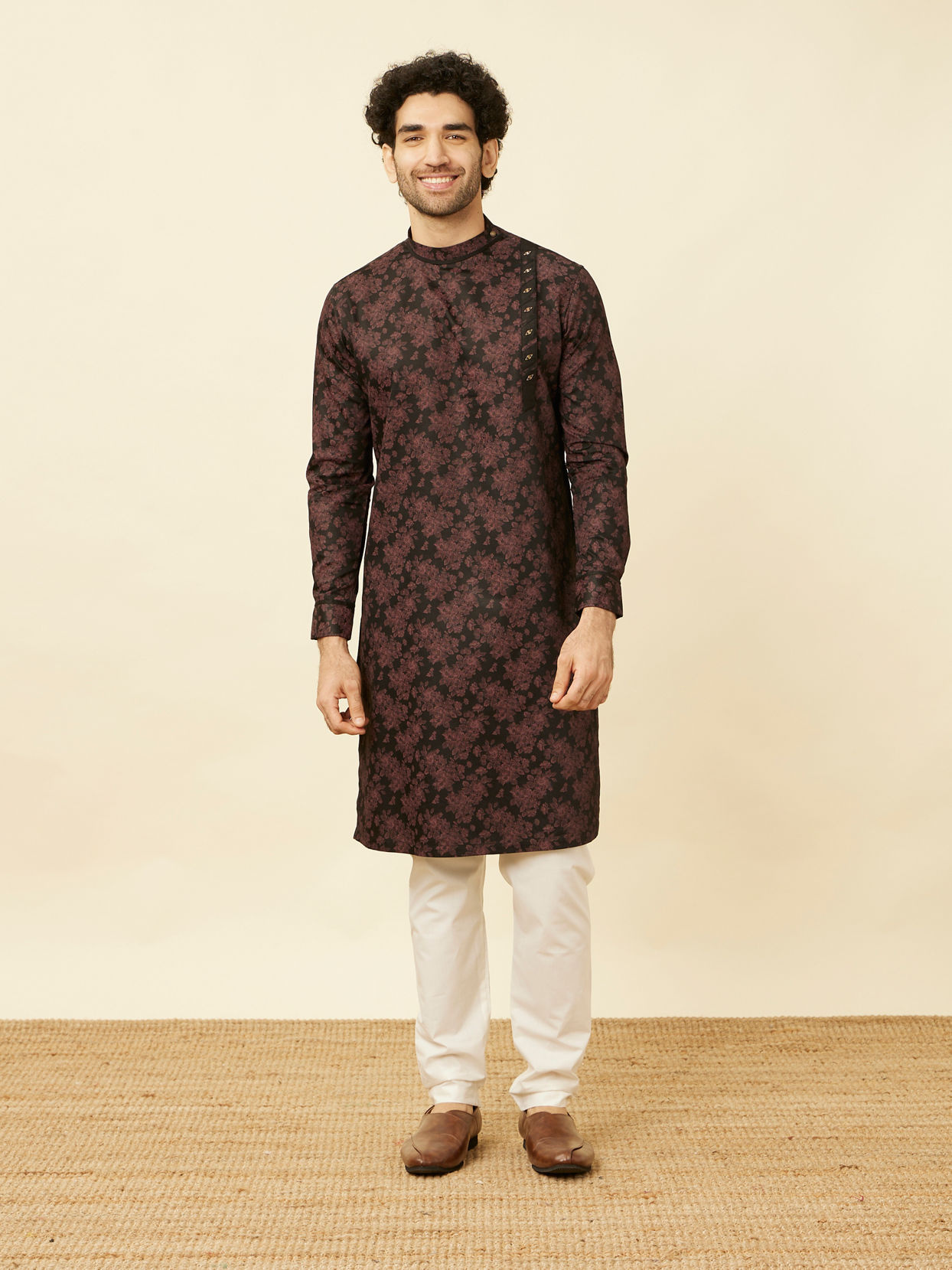 alt message - Manyavar Men Midnight Black Floral Patterned Angrakha Style Kurta image number 2