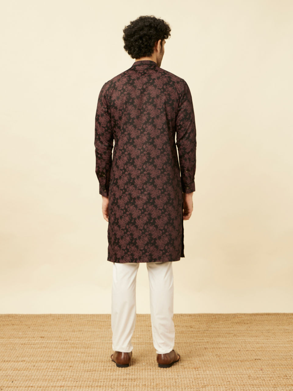 Manyavar Men Midnight Black Floral Patterned Angrakha Style Kurta
