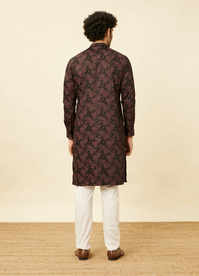 Manyavar Men Midnight Black Floral Patterned Angrakha Style Kurta
