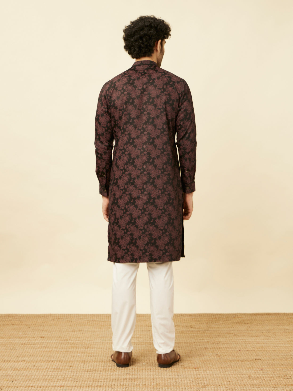 Midnight Black Floral Patterned Angrakha Style Kurta image number 4