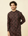 alt message - Manyavar Men Midnight Black Floral Patterned Angrakha Style Kurta image number 0