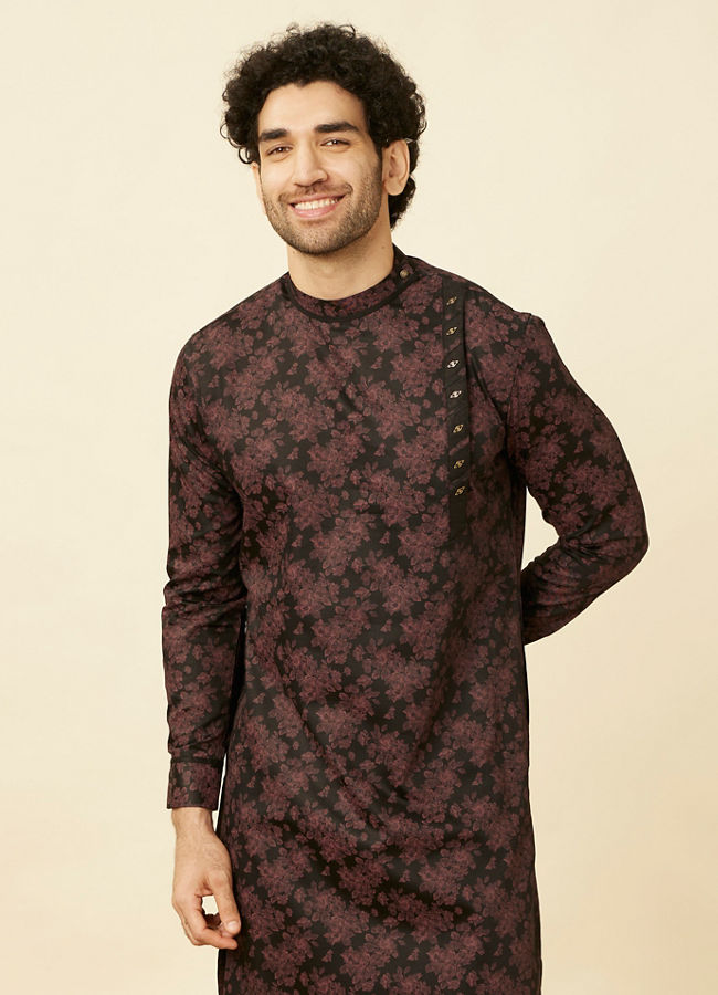 Midnight Black Floral Patterned Angrakha Style Kurta image number 0