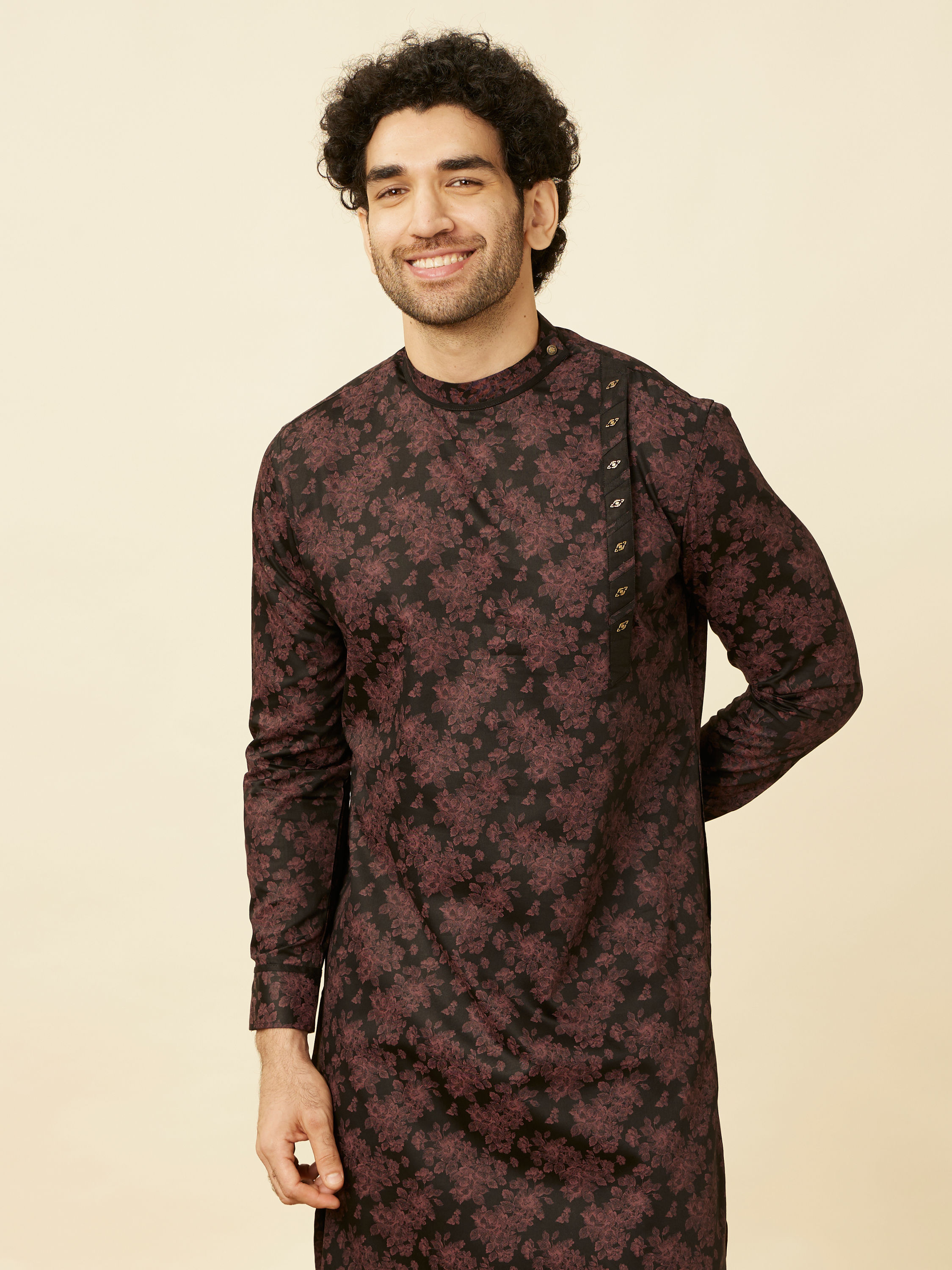 Manyavar Men Midnight Black Floral Patterned Angrakha Style Kurta