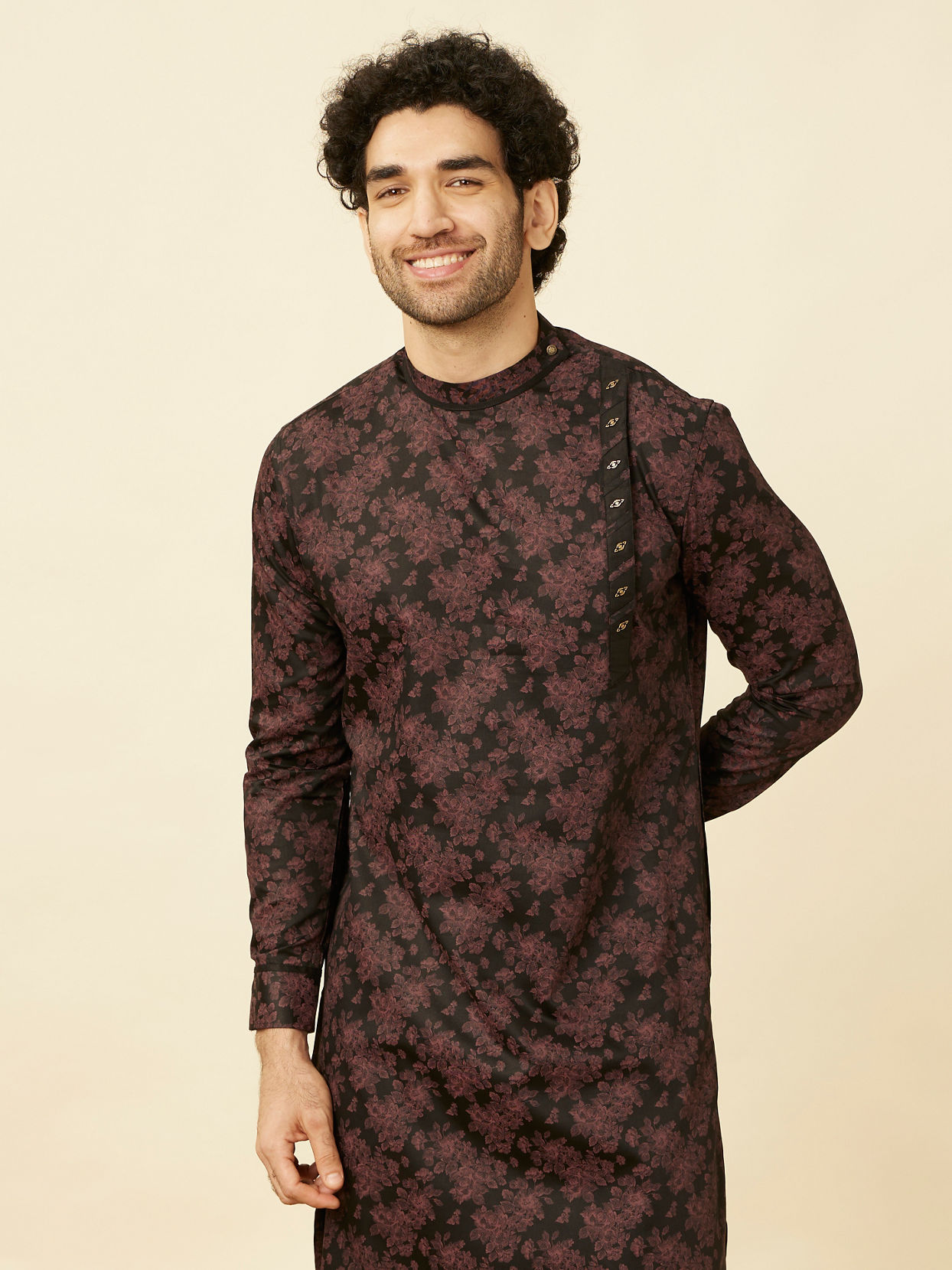 Manyavar Men Midnight Black Floral Patterned Angrakha Style Kurta