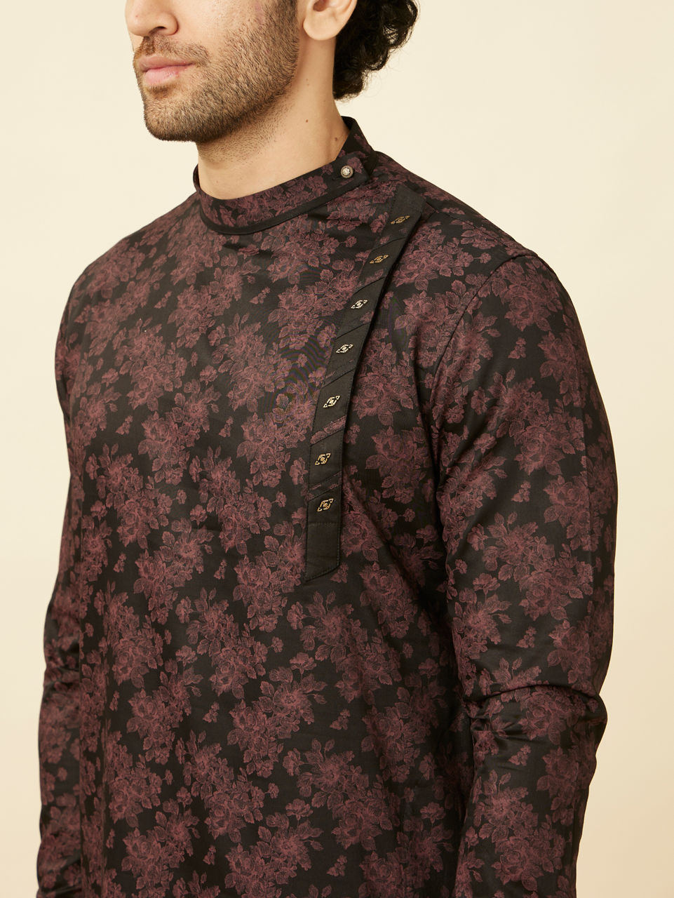 Manyavar Men Midnight Black Floral Patterned Angrakha Style Kurta