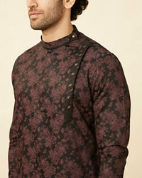 Manyavar Men Midnight Black Floral Patterned Angrakha Style Kurta