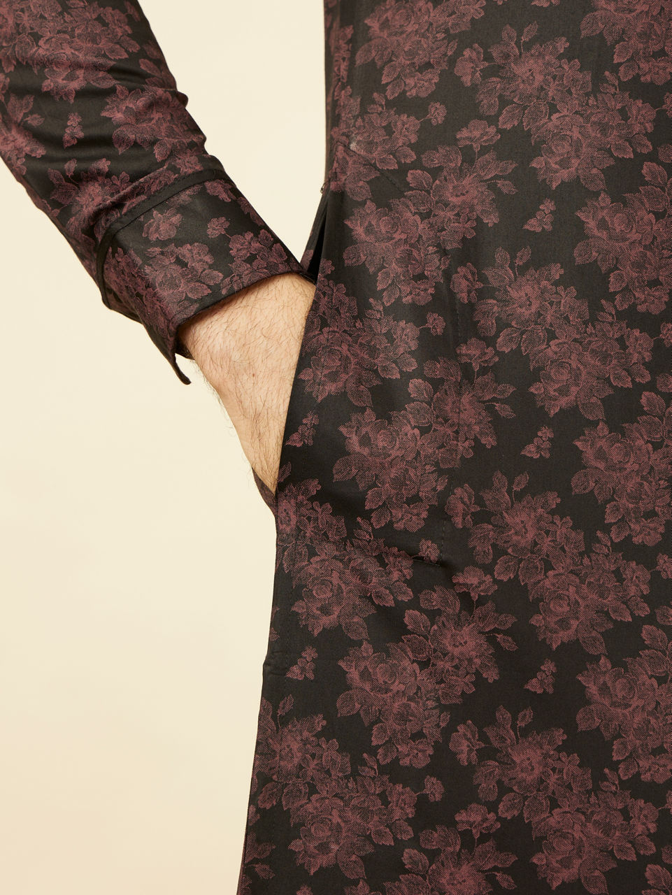 Manyavar Men Midnight Black Floral Patterned Angrakha Style Kurta