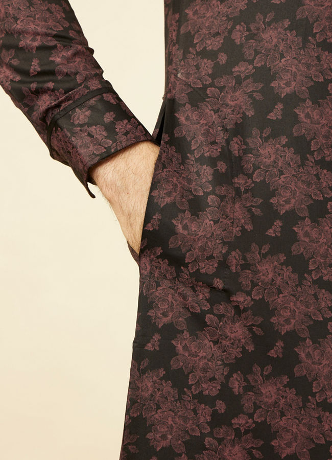 Manyavar Men Midnight Black Floral Patterned Angrakha Style Kurta