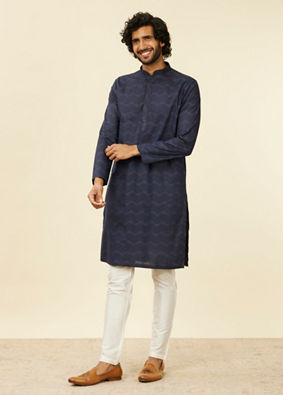 alt message - Manyavar Men Dark Blue Wave Print Kurta image number 2