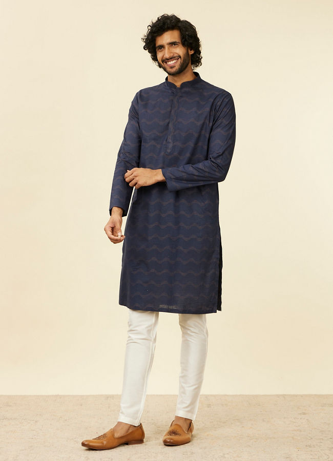 Manyavar Men Dark Blue Wave Print Kurta