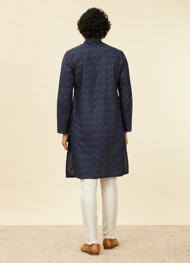 Manyavar Men Dark Blue Wave Print Kurta