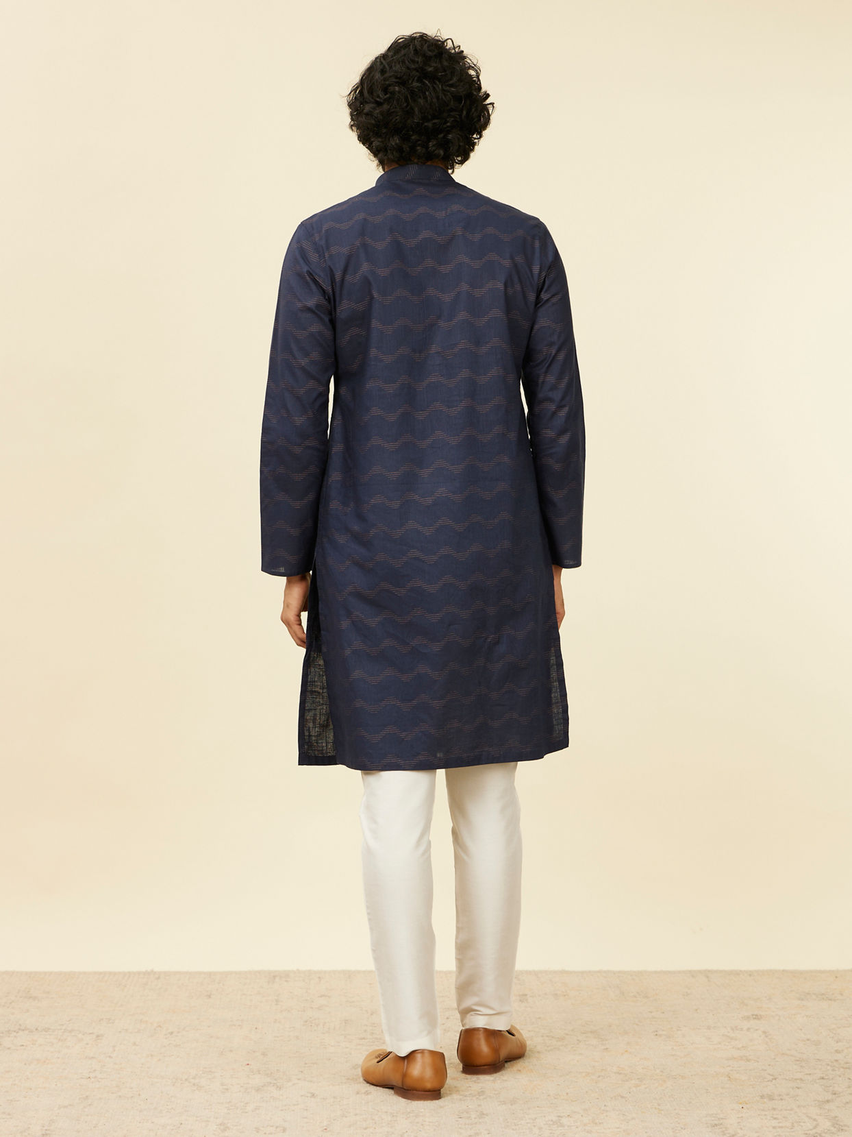 Manyavar Men Dark Blue Wave Print Kurta