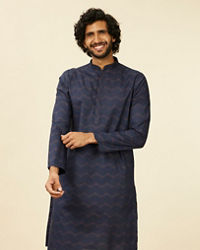 Manyavar Men Dark Blue Wave Print Kurta