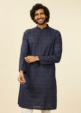 alt message - Manyavar Men Dark Blue Wave Print Kurta image number 0