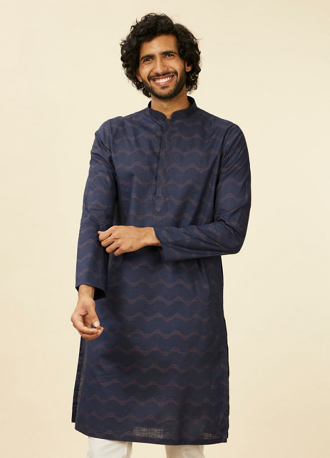 alt message - Manyavar Men Dark Blue Wave Print Kurta image number 0