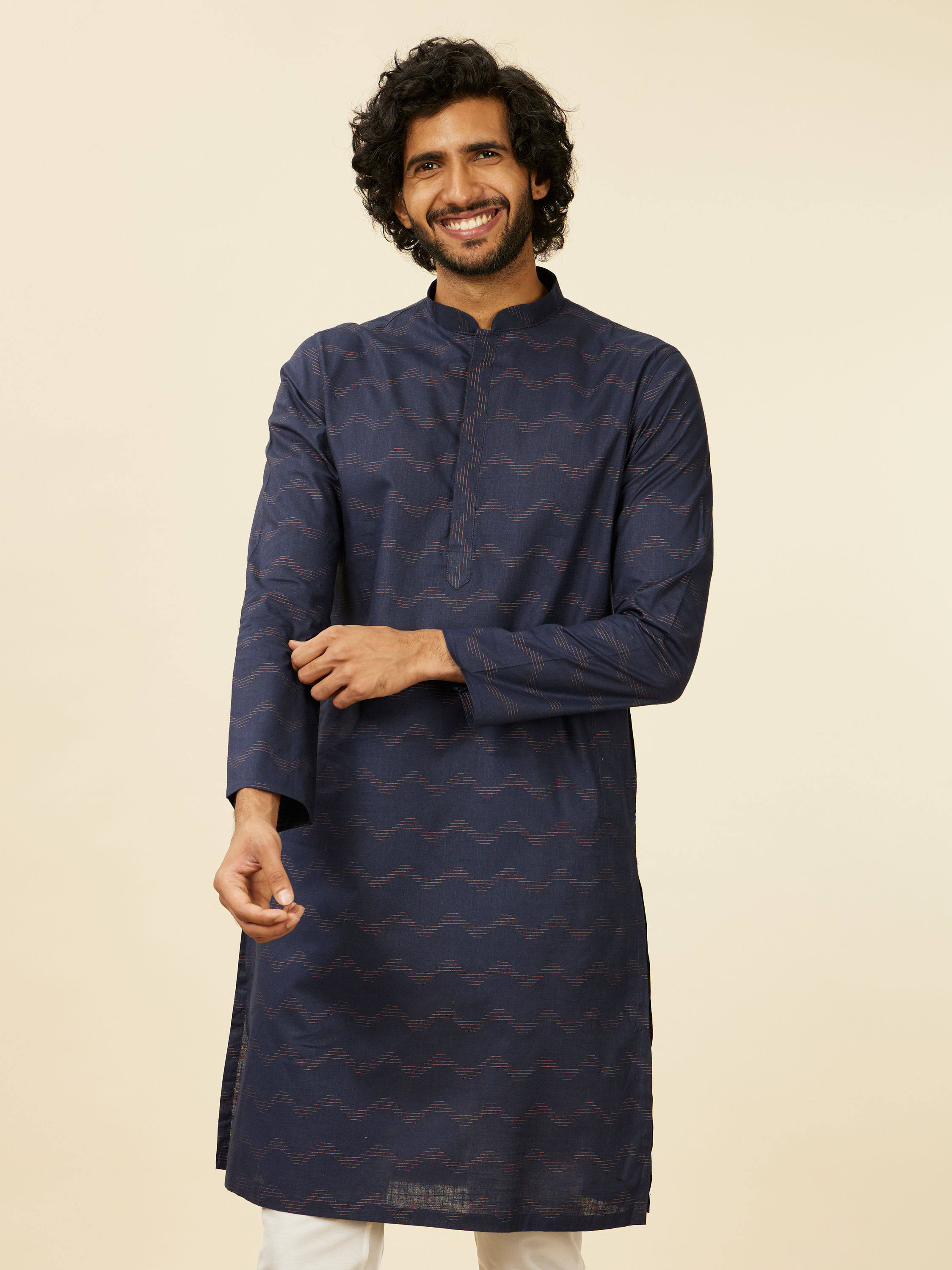 Manyavar Men Dark Blue Wave Print Kurta