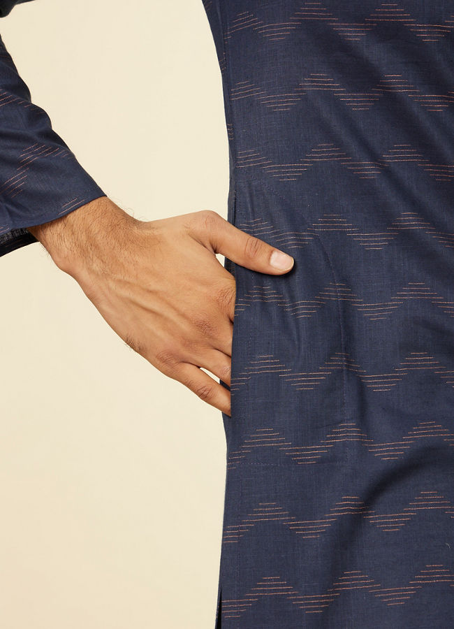 Manyavar Men Dark Blue Wave Print Kurta