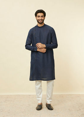 Manyavar Men Sapphire Blue Angrakha Style Kurta image number 2