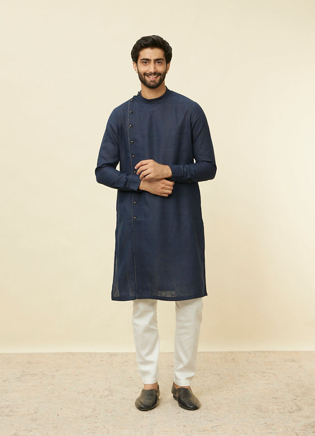 Manyavar Men Sapphire Blue Angrakha Style Kurta image number 2