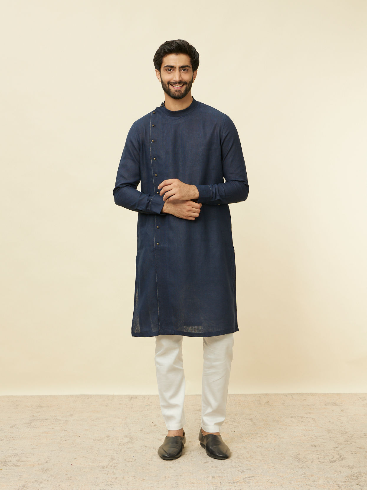 Manyavar Men Sapphire Blue Angrakha Style Kurta image number 2