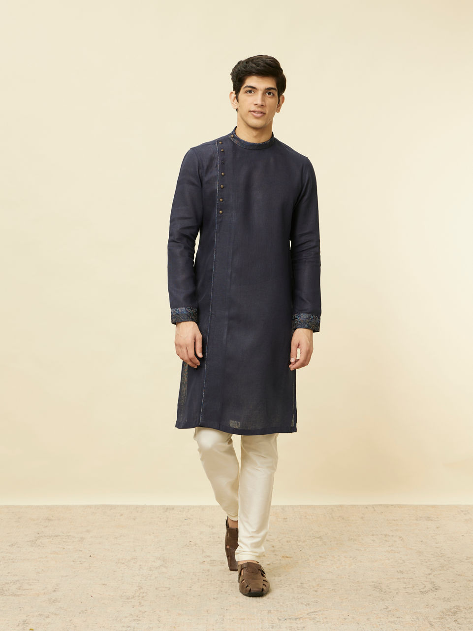 Manyavar Men Navy Blue Angrakha Style Kurta