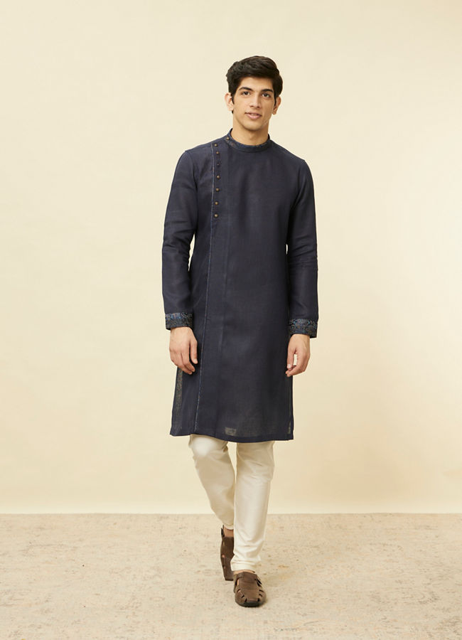 Manyavar Men Navy Blue Angrakha Style Kurta image number 2