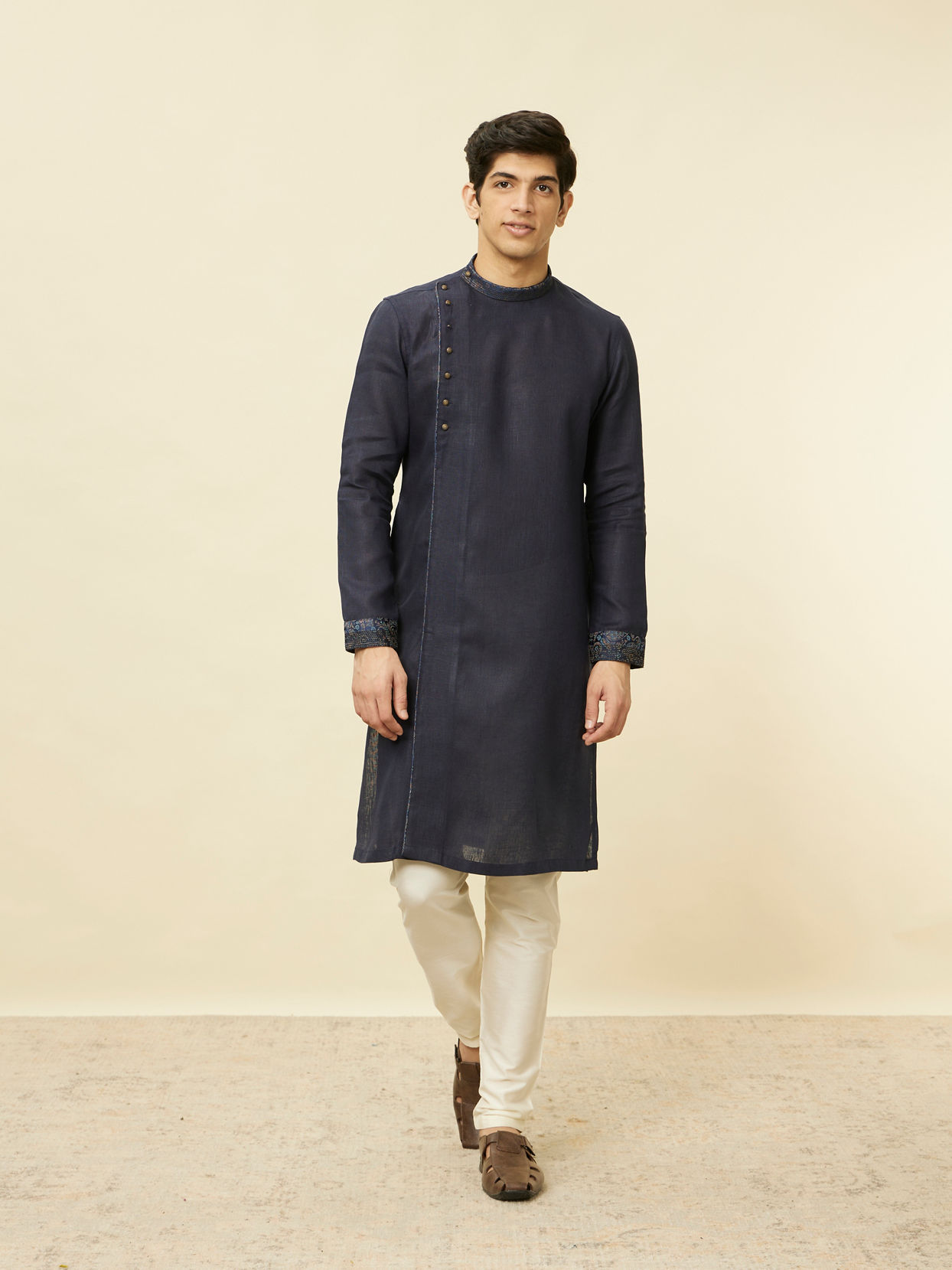 Manyavar Men Navy Blue Angrakha Style Kurta image number 2