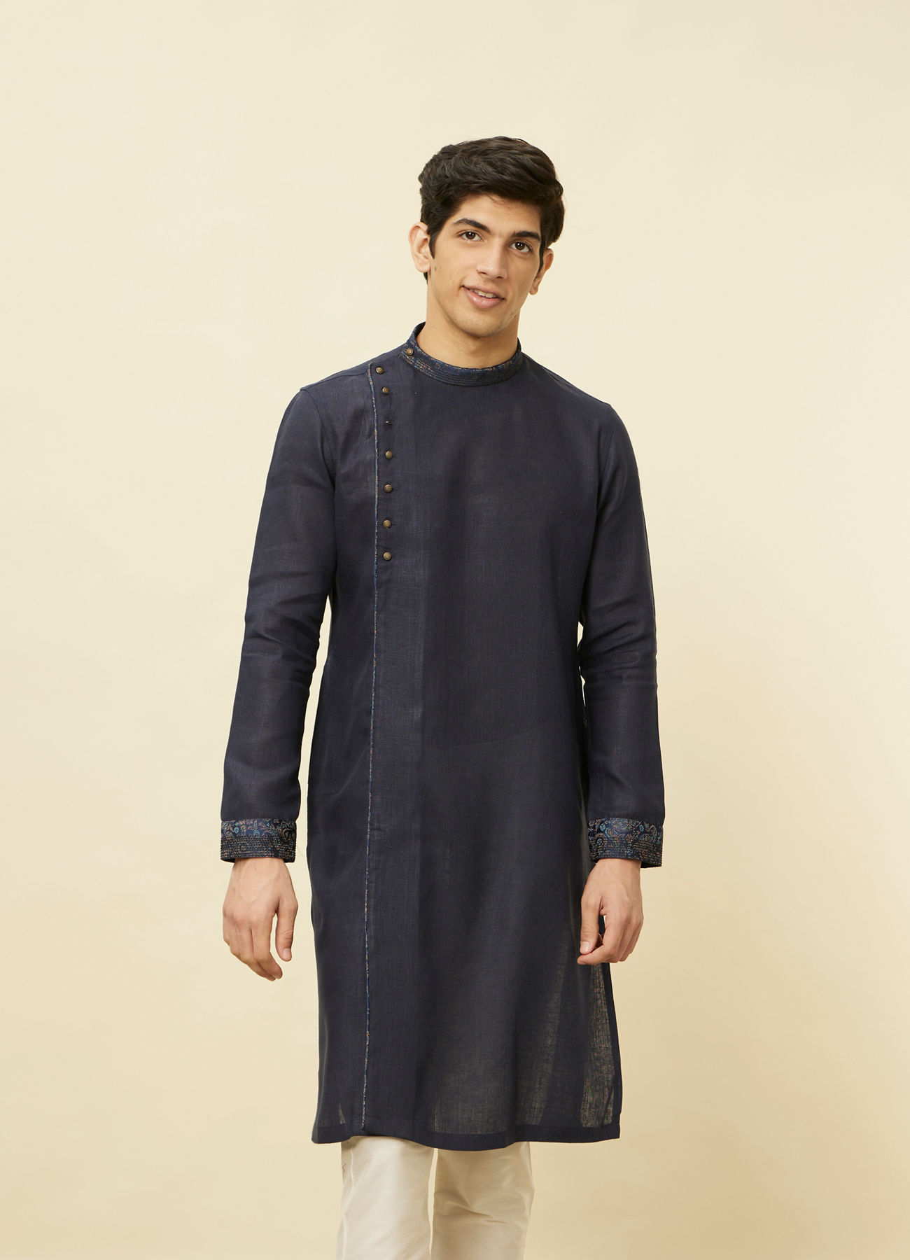 Manyavar Men Navy Blue Angrakha Style Kurta