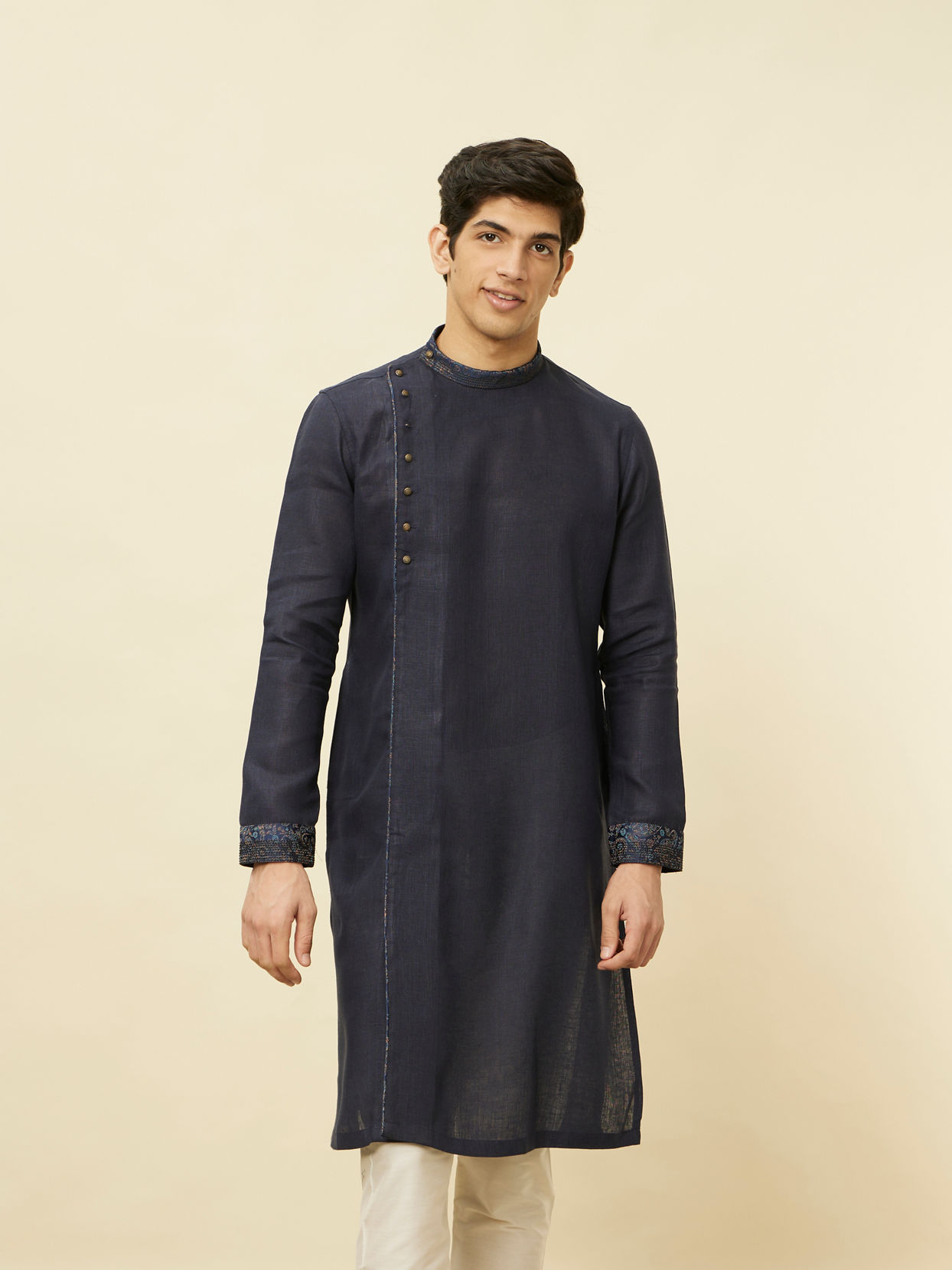 Manyavar Men Navy Blue Angrakha Style Kurta image number 0