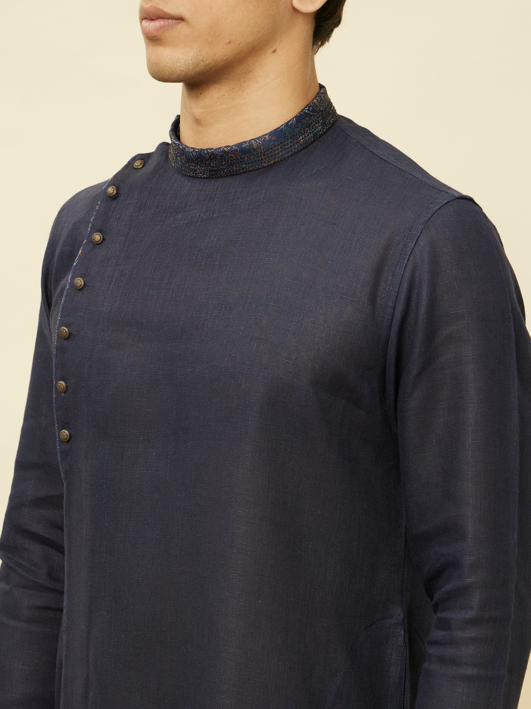 Manyavar Men Navy Blue Angrakha Style Kurta