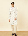 Manyavar Men Bright White Angrakha Style Kurta with Mor Pankh Print