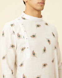 Manyavar Men Bright White Angrakha Style Kurta with Mor Pankh Print