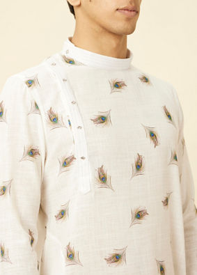 Manyavar Men Bright White Angrakha Style Kurta with Mor Pankh Print