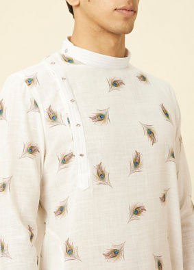 Manyavar Men Bright White Angrakha Style Kurta with Mor Pankh Print image number 1